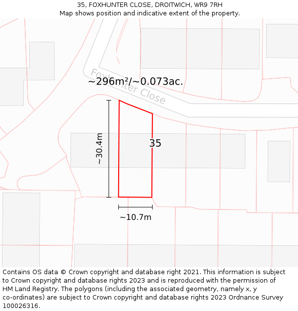 35, FOXHUNTER CLOSE, DROITWICH, WR9 7RH: Plot and title map