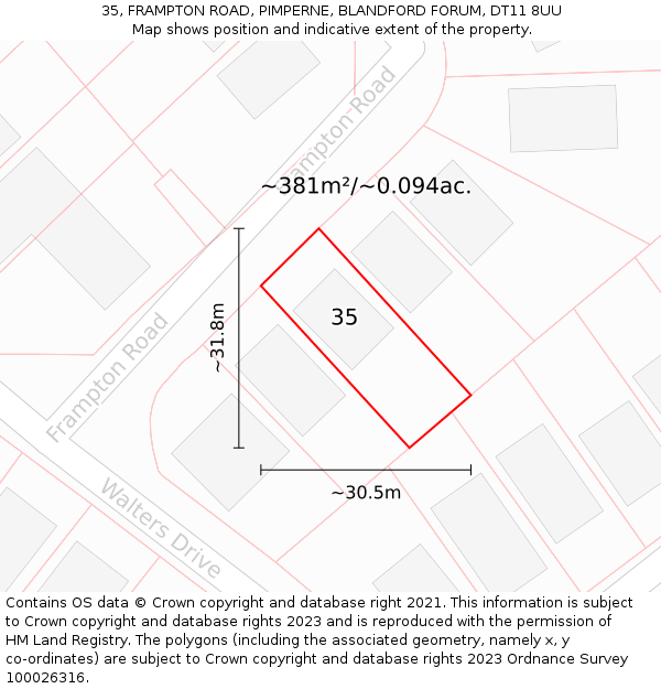 35, FRAMPTON ROAD, PIMPERNE, BLANDFORD FORUM, DT11 8UU: Plot and title map