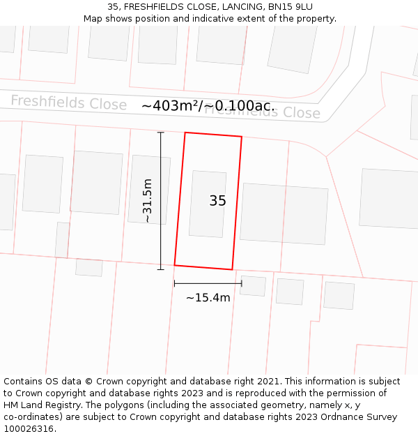 35, FRESHFIELDS CLOSE, LANCING, BN15 9LU: Plot and title map