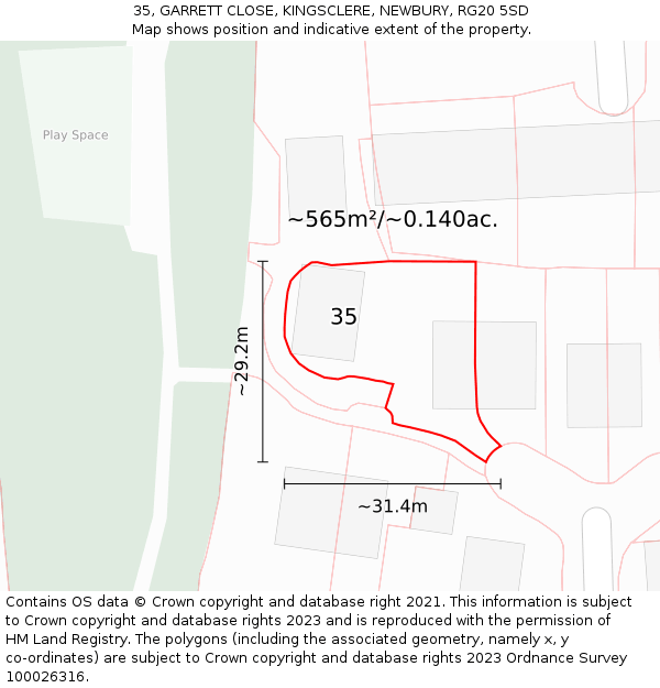35, GARRETT CLOSE, KINGSCLERE, NEWBURY, RG20 5SD: Plot and title map