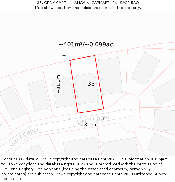 35, GER Y CAPEL, LLANGAIN, CARMARTHEN, SA33 5AQ: Plot and title map