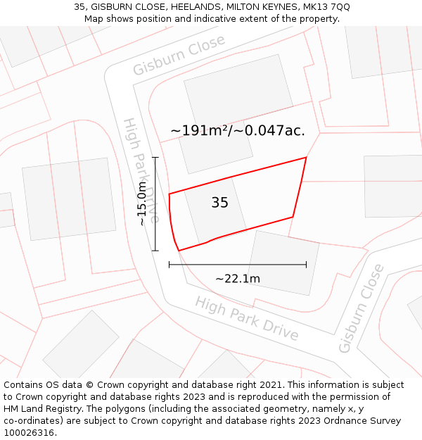35, GISBURN CLOSE, HEELANDS, MILTON KEYNES, MK13 7QQ: Plot and title map