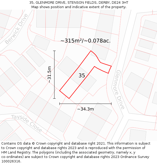 35, GLENMORE DRIVE, STENSON FIELDS, DERBY, DE24 3HT: Plot and title map