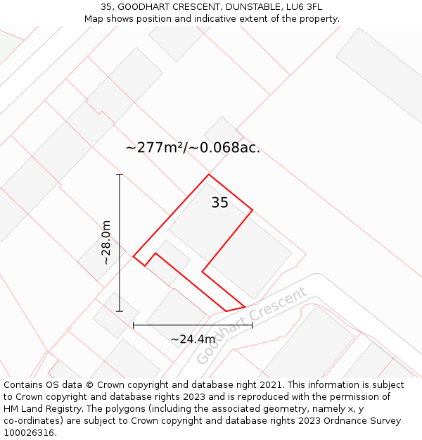 35, GOODHART CRESCENT, DUNSTABLE, LU6 3FL: Plot and title map