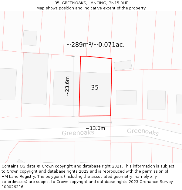 35, GREENOAKS, LANCING, BN15 0HE: Plot and title map