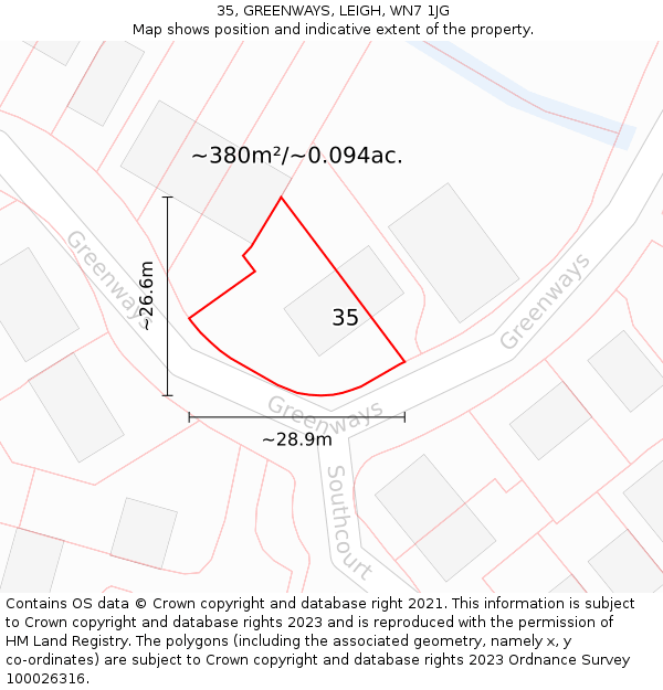 35, GREENWAYS, LEIGH, WN7 1JG: Plot and title map