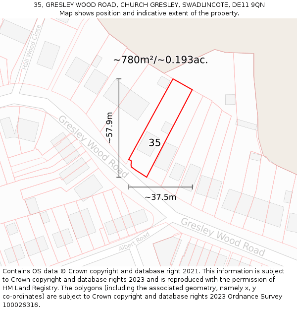 35, GRESLEY WOOD ROAD, CHURCH GRESLEY, SWADLINCOTE, DE11 9QN: Plot and title map