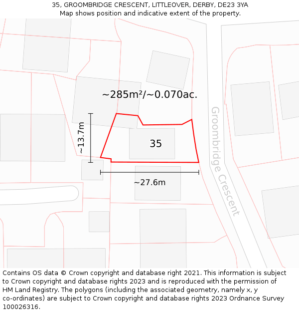 35, GROOMBRIDGE CRESCENT, LITTLEOVER, DERBY, DE23 3YA: Plot and title map
