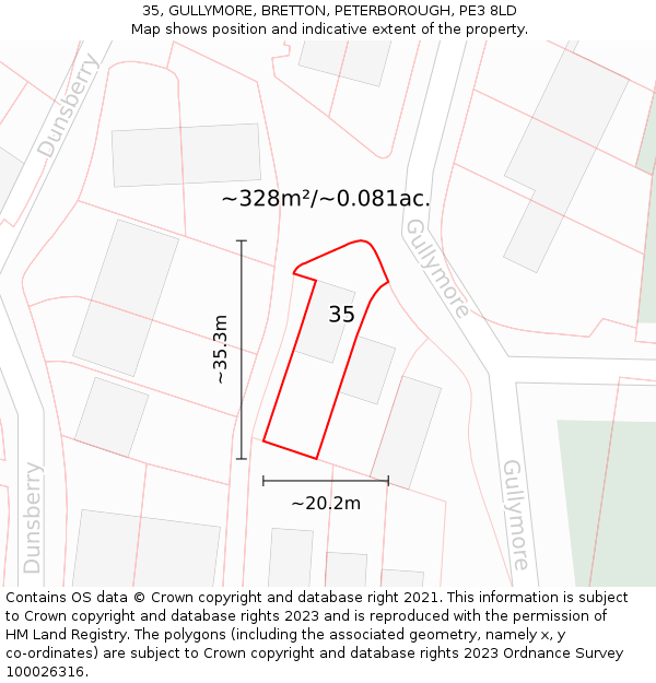 35, GULLYMORE, BRETTON, PETERBOROUGH, PE3 8LD: Plot and title map