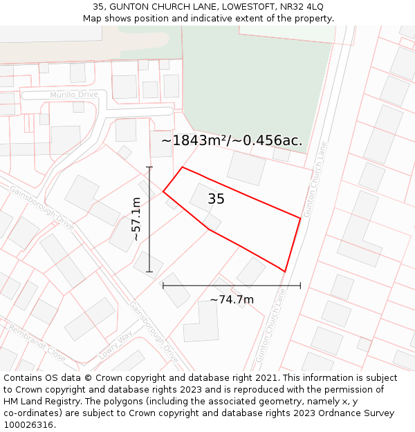 35, GUNTON CHURCH LANE, LOWESTOFT, NR32 4LQ: Plot and title map