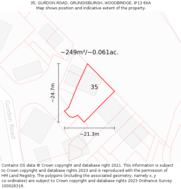 35, GURDON ROAD, GRUNDISBURGH, WOODBRIDGE, IP13 6XA: Plot and title map