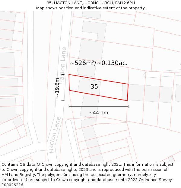 35, HACTON LANE, HORNCHURCH, RM12 6PH: Plot and title map