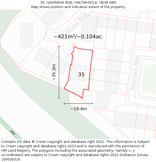 35, HADRIANS RISE, HALTWHISTLE, NE49 0BA: Plot and title map