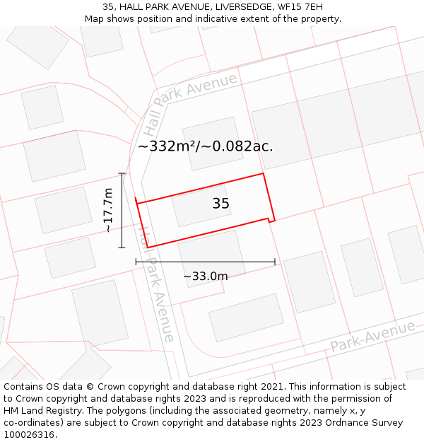 35, HALL PARK AVENUE, LIVERSEDGE, WF15 7EH: Plot and title map