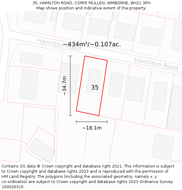 35, HAMILTON ROAD, CORFE MULLEN, WIMBORNE, BH21 3PH: Plot and title map
