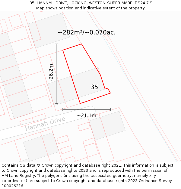35, HANNAH DRIVE, LOCKING, WESTON-SUPER-MARE, BS24 7JS: Plot and title map