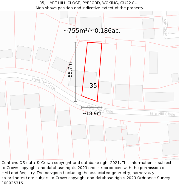 35, HARE HILL CLOSE, PYRFORD, WOKING, GU22 8UH: Plot and title map