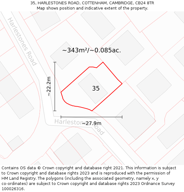 35, HARLESTONES ROAD, COTTENHAM, CAMBRIDGE, CB24 8TR: Plot and title map