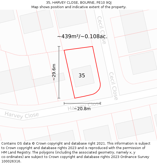 35, HARVEY CLOSE, BOURNE, PE10 9QJ: Plot and title map