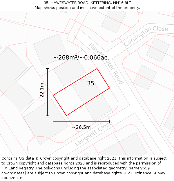35, HAWESWATER ROAD, KETTERING, NN16 8LT: Plot and title map