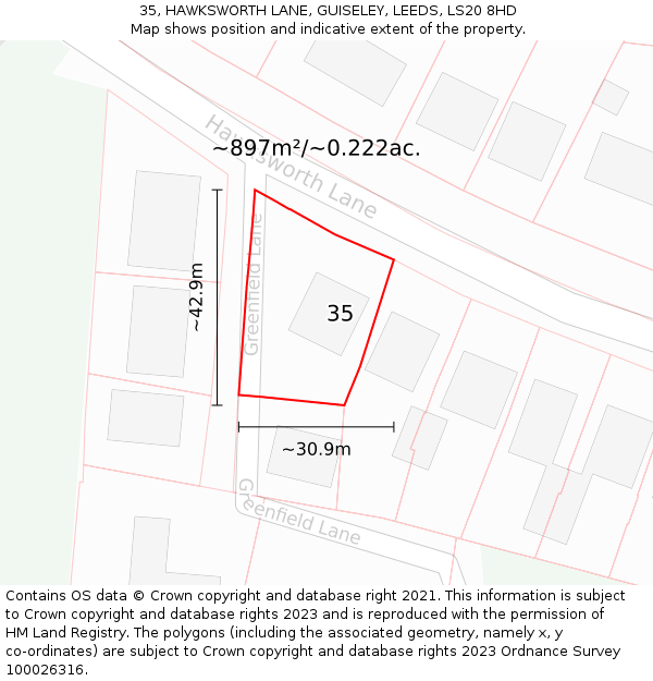 35, HAWKSWORTH LANE, GUISELEY, LEEDS, LS20 8HD: Plot and title map