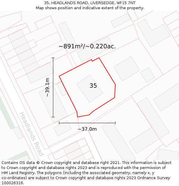 35, HEADLANDS ROAD, LIVERSEDGE, WF15 7NT: Plot and title map