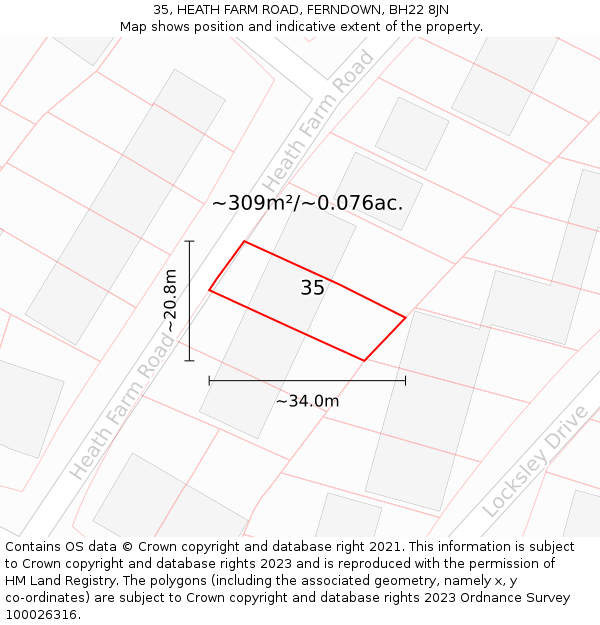 35, HEATH FARM ROAD, FERNDOWN, BH22 8JN: Plot and title map