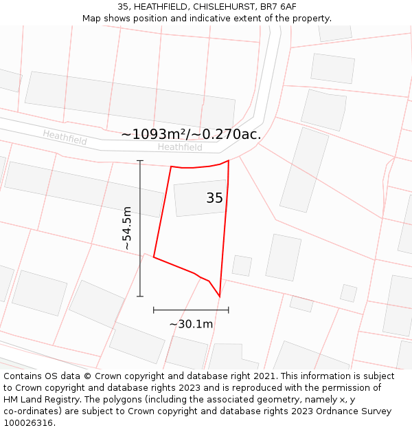 35, HEATHFIELD, CHISLEHURST, BR7 6AF: Plot and title map