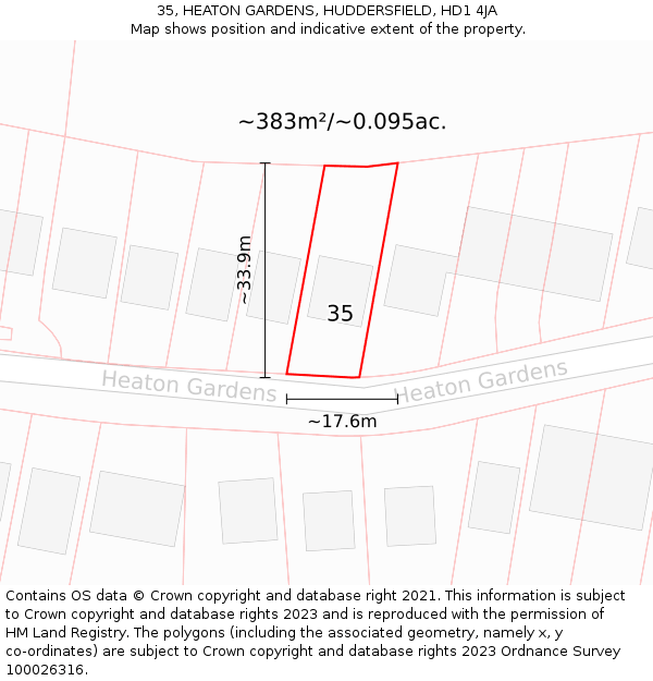 35, HEATON GARDENS, HUDDERSFIELD, HD1 4JA: Plot and title map