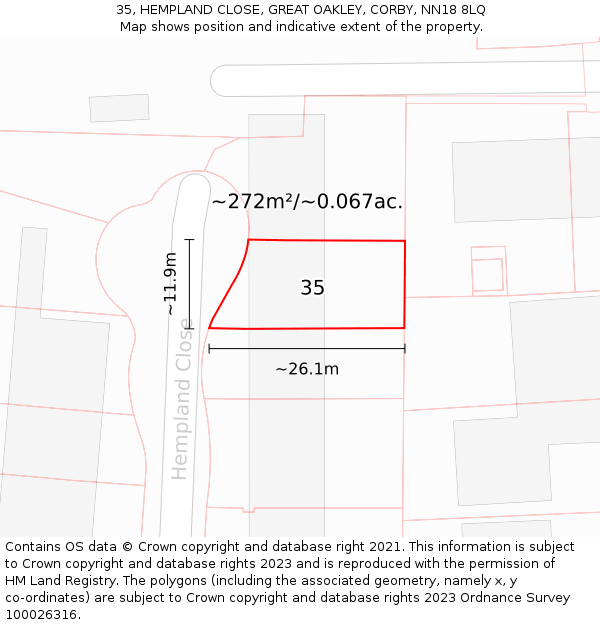 35, HEMPLAND CLOSE, GREAT OAKLEY, CORBY, NN18 8LQ: Plot and title map