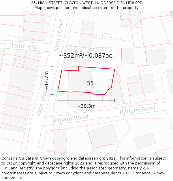 35, HIGH STREET, CLAYTON WEST, HUDDERSFIELD, HD8 9PD: Plot and title map