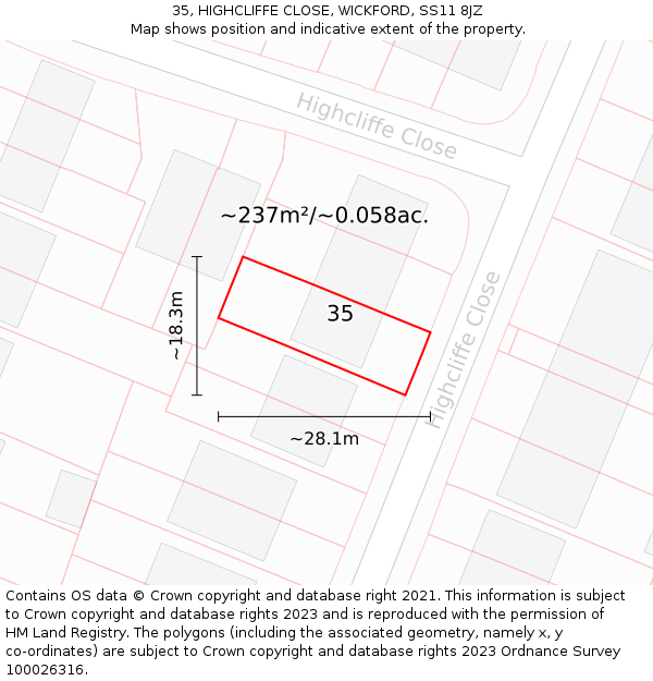 35, HIGHCLIFFE CLOSE, WICKFORD, SS11 8JZ: Plot and title map