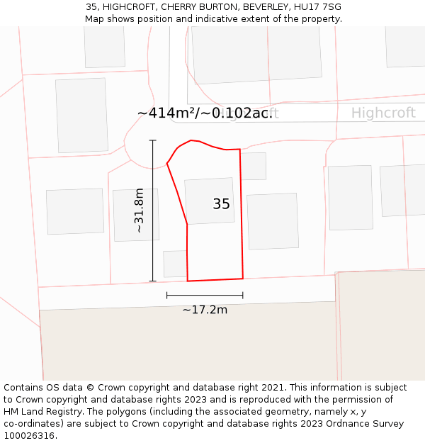 35, HIGHCROFT, CHERRY BURTON, BEVERLEY, HU17 7SG: Plot and title map