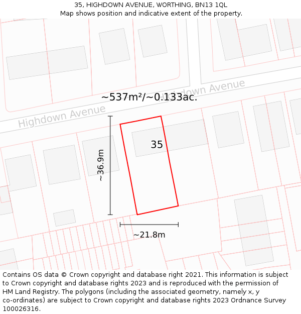 35, HIGHDOWN AVENUE, WORTHING, BN13 1QL: Plot and title map