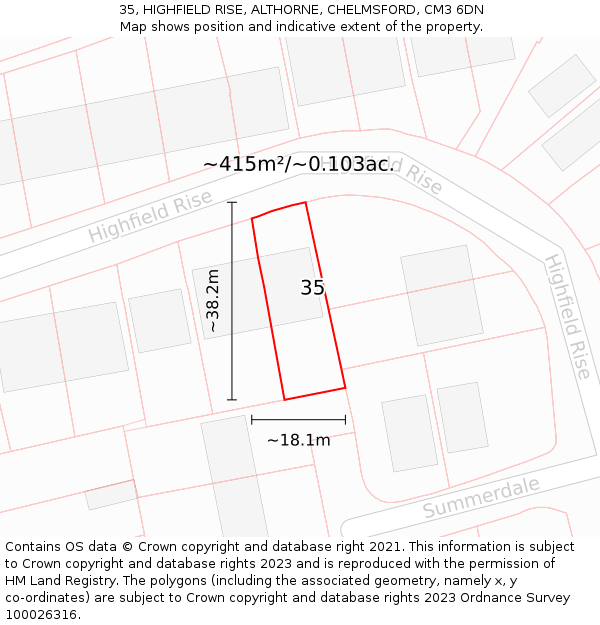 35, HIGHFIELD RISE, ALTHORNE, CHELMSFORD, CM3 6DN: Plot and title map