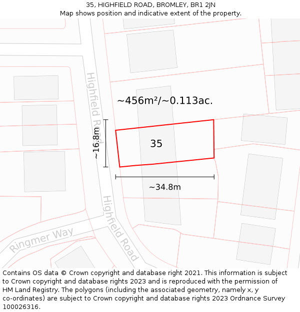 35, HIGHFIELD ROAD, BROMLEY, BR1 2JN: Plot and title map