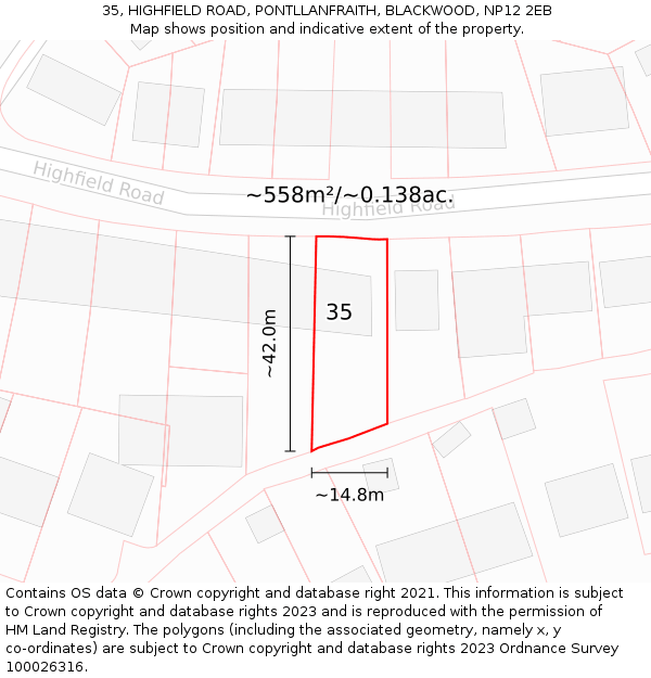 35, HIGHFIELD ROAD, PONTLLANFRAITH, BLACKWOOD, NP12 2EB: Plot and title map