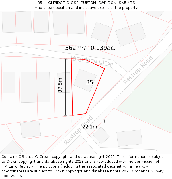 35, HIGHRIDGE CLOSE, PURTON, SWINDON, SN5 4BS: Plot and title map