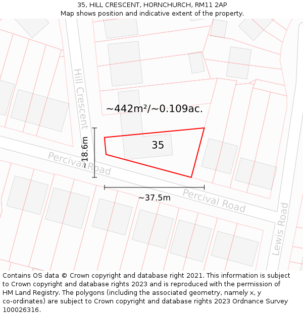 35, HILL CRESCENT, HORNCHURCH, RM11 2AP: Plot and title map