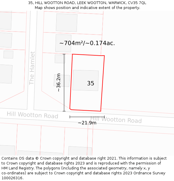 35, HILL WOOTTON ROAD, LEEK WOOTTON, WARWICK, CV35 7QL: Plot and title map
