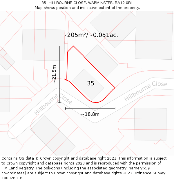 35, HILLBOURNE CLOSE, WARMINSTER, BA12 0BL: Plot and title map