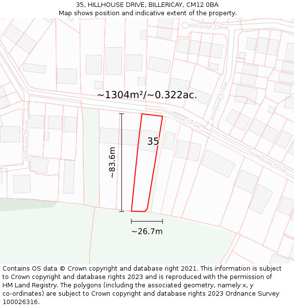 35, HILLHOUSE DRIVE, BILLERICAY, CM12 0BA: Plot and title map