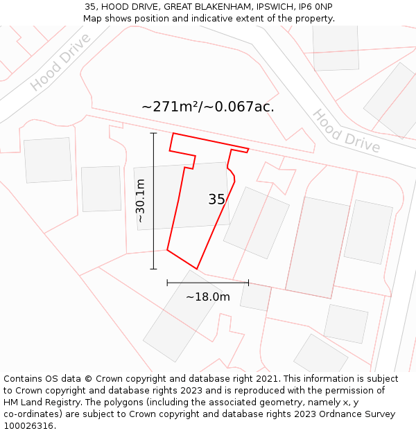 35, HOOD DRIVE, GREAT BLAKENHAM, IPSWICH, IP6 0NP: Plot and title map