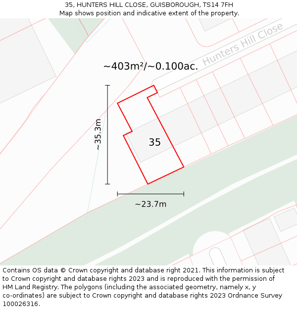 35, HUNTERS HILL CLOSE, GUISBOROUGH, TS14 7FH: Plot and title map