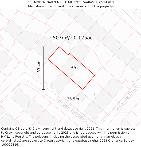 35, IMOGEN GARDENS, HEATHCOTE, WARWICK, CV34 6FB: Plot and title map