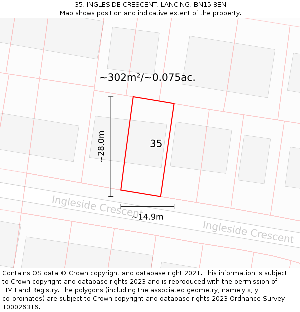 35, INGLESIDE CRESCENT, LANCING, BN15 8EN: Plot and title map