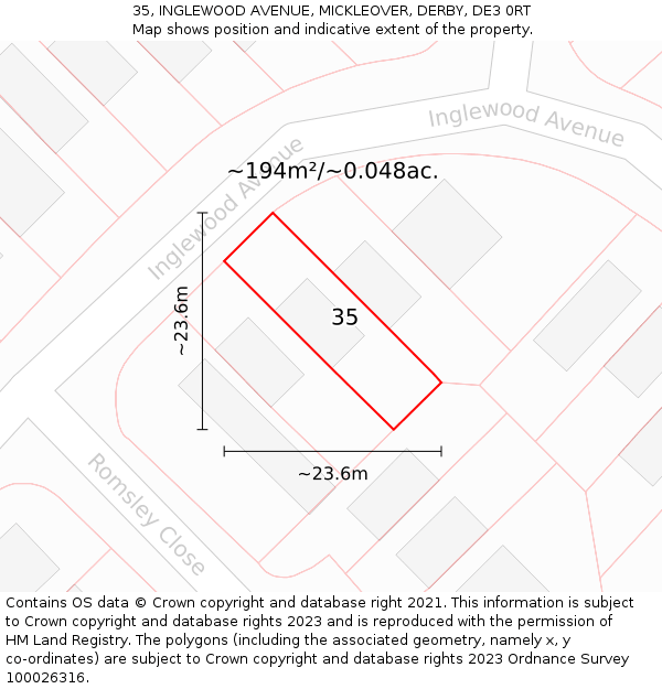 35, INGLEWOOD AVENUE, MICKLEOVER, DERBY, DE3 0RT: Plot and title map