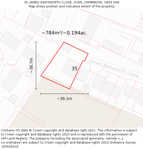 35, JAMES WADSWORTH CLOSE, OVER, CAMBRIDGE, CB24 5AA: Plot and title map