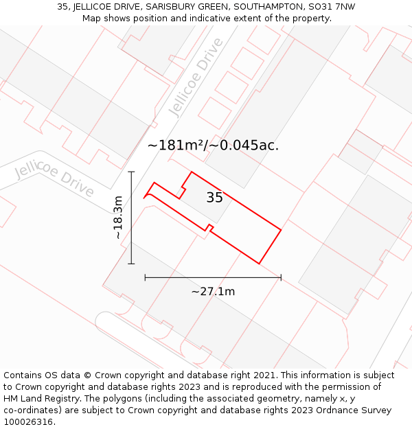 35, JELLICOE DRIVE, SARISBURY GREEN, SOUTHAMPTON, SO31 7NW: Plot and title map