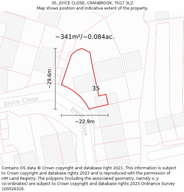 35, JOYCE CLOSE, CRANBROOK, TN17 3LZ: Plot and title map